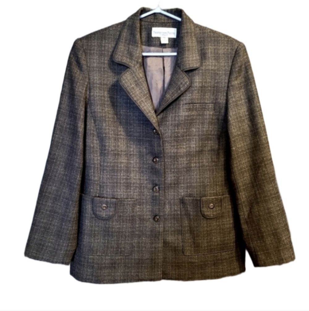 Conrad C Vintage Plaid Wool Blazer Front Button Proportion Petite Gray Size 12